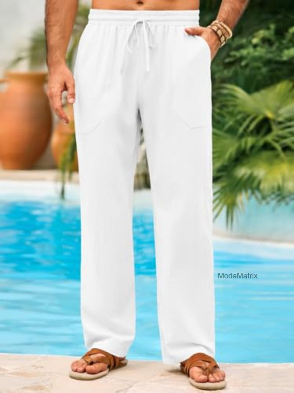 Mens Linen Drawstring Elastic Waist Straight Leg Casual Pants Summer Beach Yoga - Picture 2 of 7